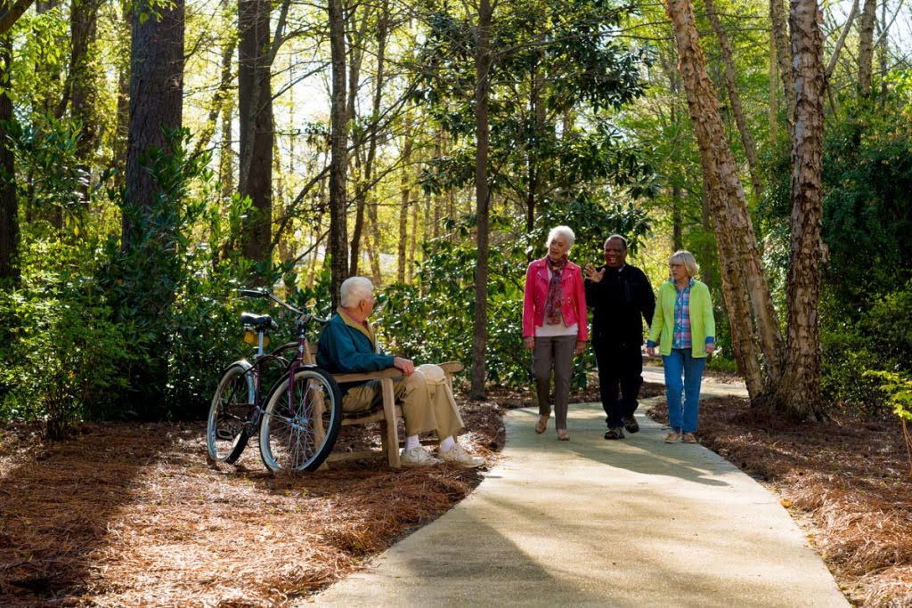 Seniors enjoying a walk in the woods Seniors enjoying a walk in the woods